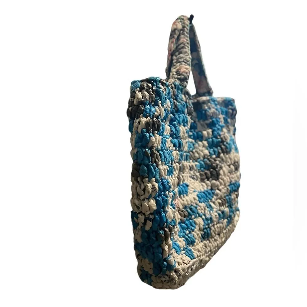 Handmade Crochet Recycled Plastic Bag Tote Blue Gray Eco-Friendly Market Bag